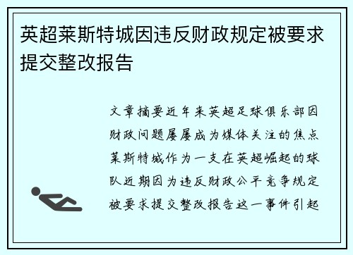 英超莱斯特城因违反财政规定被要求提交整改报告
