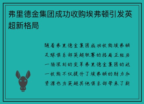 弗里德金集团成功收购埃弗顿引发英超新格局
