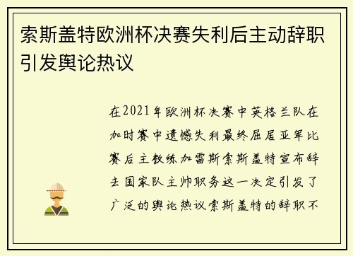 索斯盖特欧洲杯决赛失利后主动辞职引发舆论热议