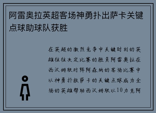 阿雷奥拉英超客场神勇扑出萨卡关键点球助球队获胜